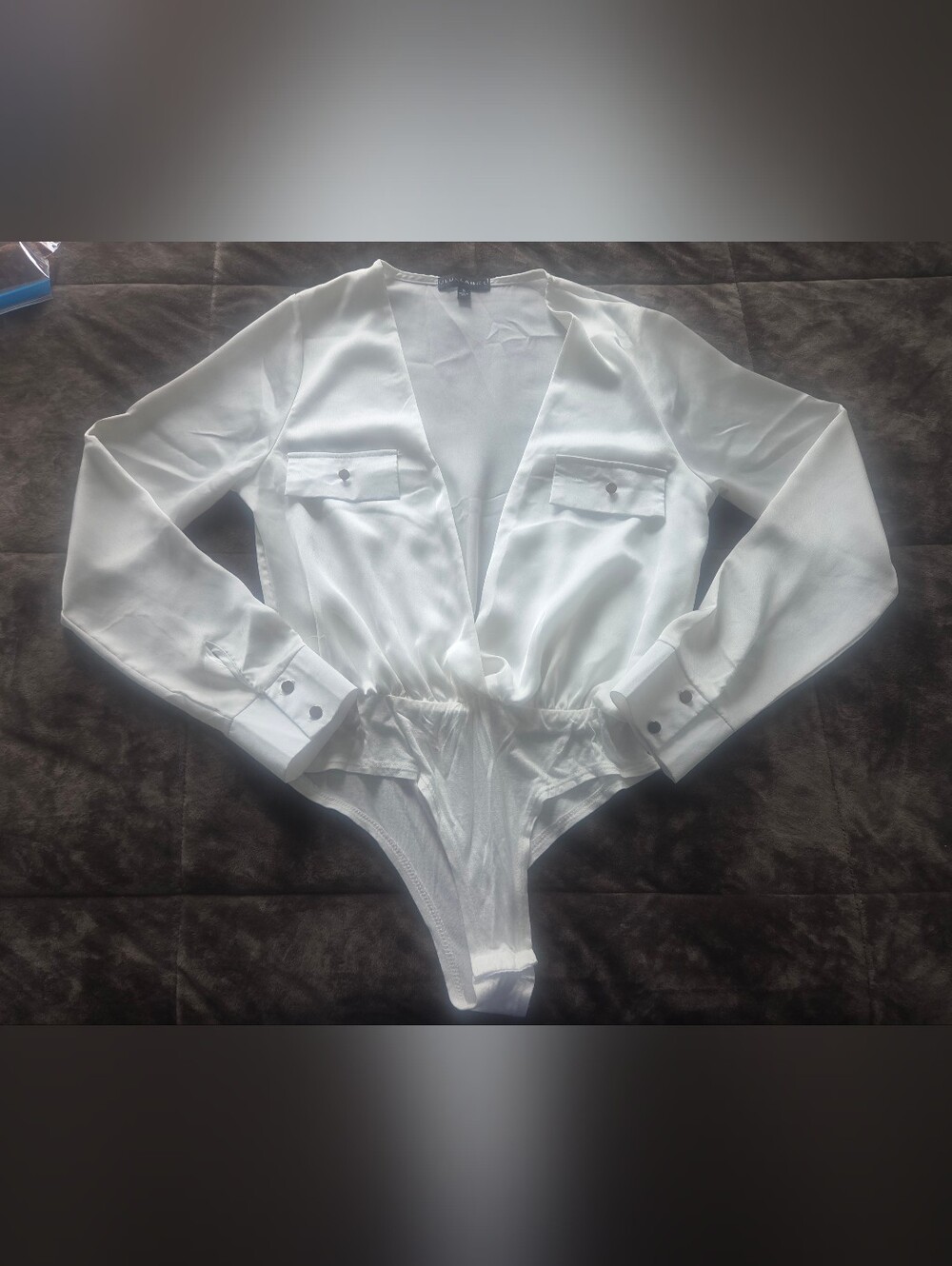 JLUXLABEL White Satin Deep V Bodysuit Shirt